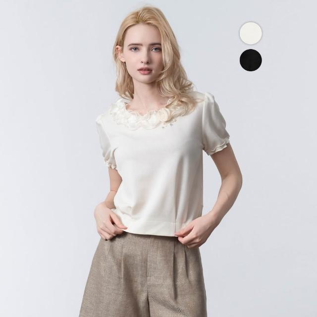 【MEDUSA 曼度莎】現貨-優雅立體滾邊玫瑰素雅上衣 - 2色（M-XL）｜短袖上衣 氣質穿搭 玫瑰荷葉(601-38201)