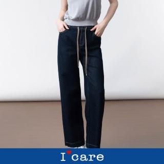 【I’Care 依卡】現貨-笑臉抽繩休閒直筒牛仔褲（M-L）｜女牛仔褲 女寬褲 休閒長褲(610-07232)