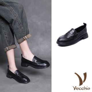 【Vecchio】真皮樂福鞋 低跟樂福鞋/全真皮柔軟羊皮復古低跟樂福鞋(黑)