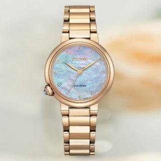 【CITIZEN 星辰】L系列 玫瑰金透徹天空藍白蝶貝光動能腕錶/30mm(EM0919-85Y)