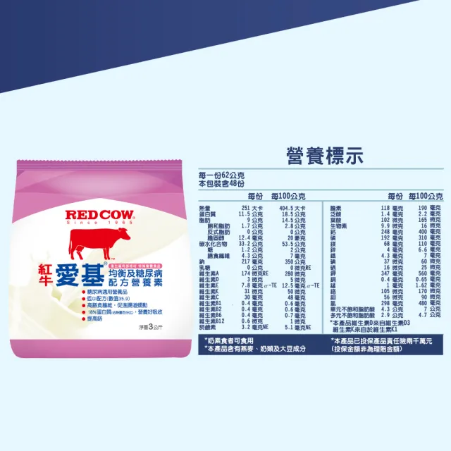 【RED COW 紅牛】官方直營愛基均衡及糖尿病配方營養素3kg/袋(x2袋組)