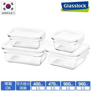 【Glasslock】強化玻璃微波烤箱兩用大視窗保鮮盒4件組
