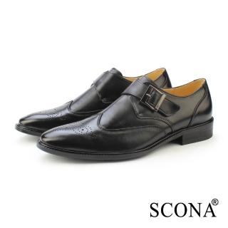 【SCONA 蘇格南】全真皮 義式雕花魔術帶紳士鞋(黑色 0883-1)