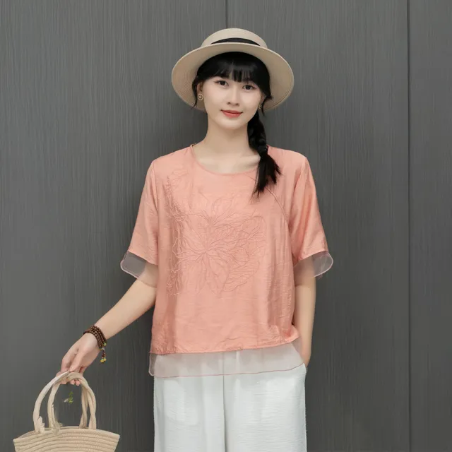 【Amore】日系簡約優雅刺繡棉麻拼接上衣 棉麻上衣 短袖上衣(拼接紗感袖輕透不悶熱)