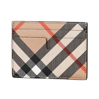 【BURBERRY 巴寶莉】BURBERRY 不敗格紋塗層帆布4卡卡片夾(米沙棕x內裡棕綠)