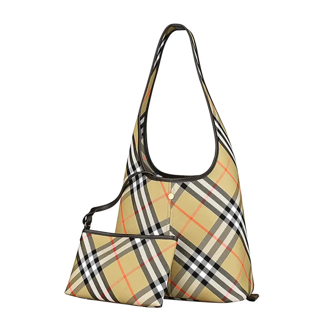 【BURBERRY 巴寶莉】BURBERRY 格紋設計帆布滾邊小牛皮扣式肩背子母包(米沙棕)