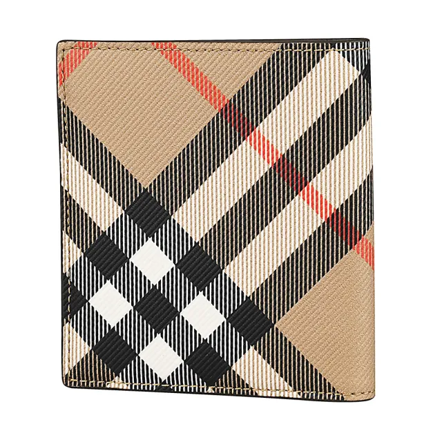 【BURBERRY 巴寶莉】BURBERRY 不敗格紋塗層帆布6卡對折短夾(米沙棕x內裡棕綠)