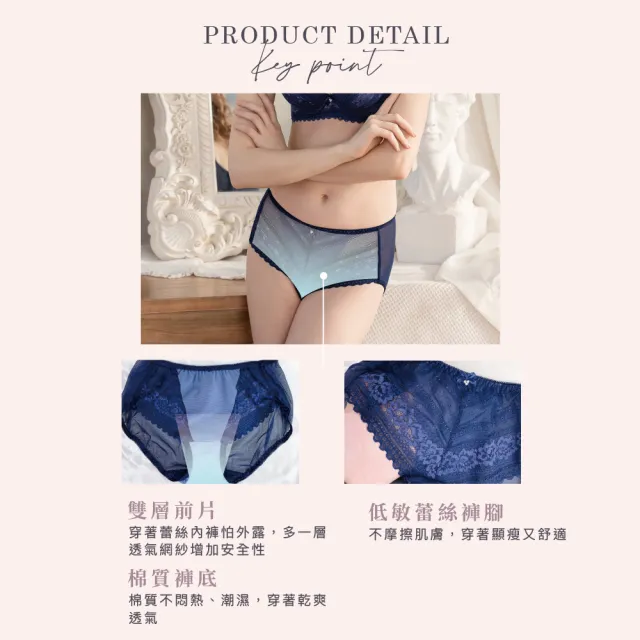【Clany 可蘭霓】台灣製 透膚性感蕾絲透氣三角女內褲(深邃藍 5987-57)