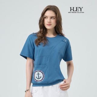 【ILEY 伊蕾】落肩船錨圖案棉質上衣(藍；M-XL；1252311240)