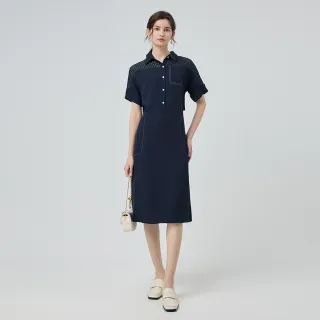 【ILEY 伊蕾】透膚格紋拼接後背活片長洋裝(深藍；M-XL；1252467003)