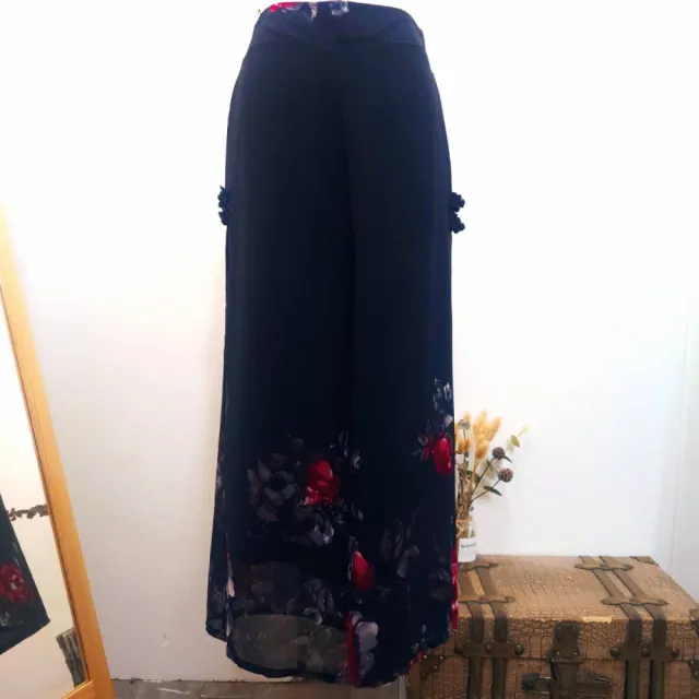 【YUTZUYA 優姿雅】嫣紅花卉飄逸雪紡寬褲(雪紡/寬褲/傘擺/微透)