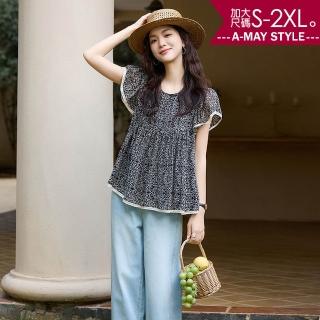 【Amay Style 艾美時尚】夏新品 中大尺碼女裝 飄逸感圖騰印花小飛袖花邊撞色短洋裝上衣。S-2XL(黑.預購)