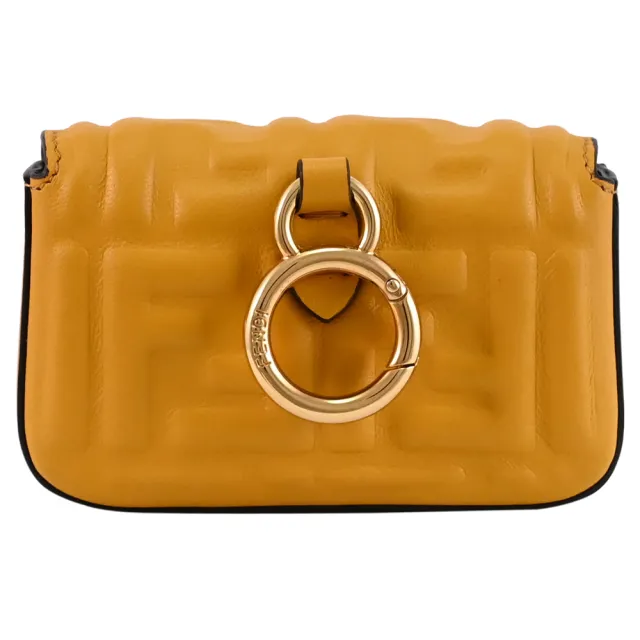 【FENDI 芬迪】金屬F LOGO NAPPA皮革鑰匙扣卡片包斜背小包小廢包(黃)