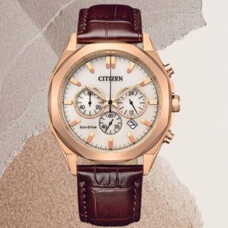 【CITIZEN 星辰】光動能紳士風三眼計時手錶 玫瑰金 咖啡41mm(CA4593-15A)