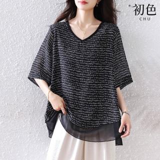 【初色】雪紡拼接雙層紗寬鬆顯瘦V領短袖T恤襯衫上衣女上衣-黑色-12986(L-4XL可選)