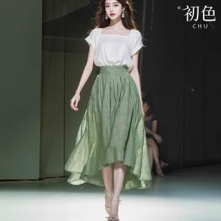 【初色】簡約風純色方領短袖T恤上衣女上衣+荷葉邊裙A字裙中腰中長裙半身裙套裝-白色-36057(M-2XL可選)