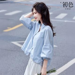 【初色】精緻風純色蕾絲單排釦襯衫領燈籠袖七分袖襯衫上衣女上衣-藍色-13043(M-2XL可選)