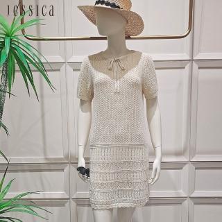 【JESSICA】精緻甜美鏤空短袖針織洋裝253722（米）