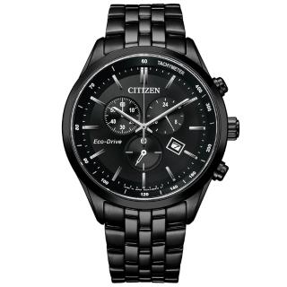 【CITIZEN 星辰】光動能紳士風三眼計時手錶 黑 42mm(AT2145-86E)