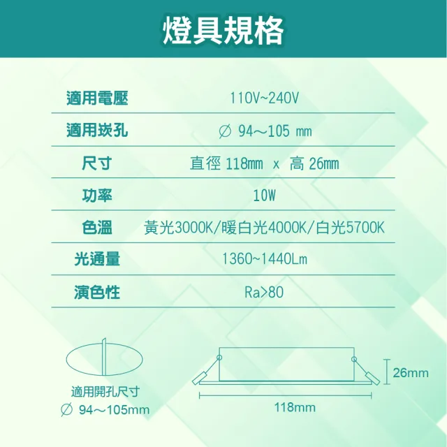 【青禾坊】好安裝系列 歐奇OC 10W LED 可調三色溫-1入(TK-AEG002 牆壁開關直接切換 壁切崁燈)