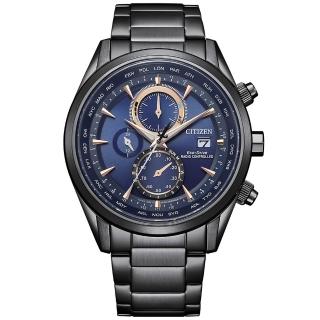 【CITIZEN 星辰】天空之鷹型男光動能全球電波萬年曆世界時區腕錶 黑藍 43mm(AT8265-81L)