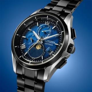 【CITIZEN 星辰】星空藍限量月相光動能電波萬年曆鈦金屬男錶 黑藍 41mm(BY1007-60L)