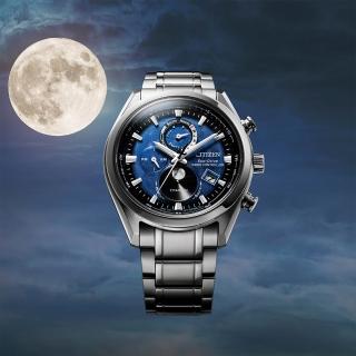 【CITIZEN 星辰】型男月相光動能電波萬年曆鈦金屬男錶 藍 41mm(BY1010-81L)