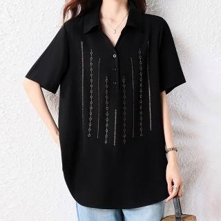 【麗質達人】6592黑色翻領短袖上衣-LY(L-5XL)
