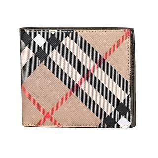 【BURBERRY 巴寶莉】BURBERRY 不敗格紋塗層帆布8卡對折短夾(米沙棕x內裡棕綠)