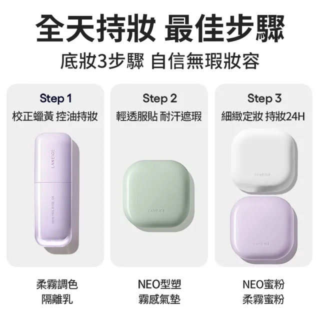 【LANEIGE 蘭芝】Neo型塑光感/霧感氣墊EX 15g*2(SPF46 PA++ / 1盒2蕊 #小方塊 隔離霜 防曬 官方直營)