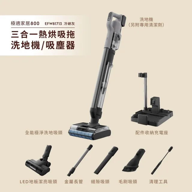 【Electrolux 伊萊克斯】極適家居800 三機一體熱烘吸拖洗地機/吸塵器(EFW81713 冷峽灰)
