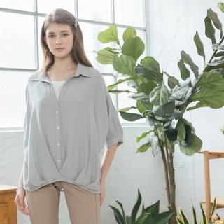 【CUMAR】寬版連袖暗條織紋兩件式七分袖襯衫上衣(綠 米 灰/魅力商品)