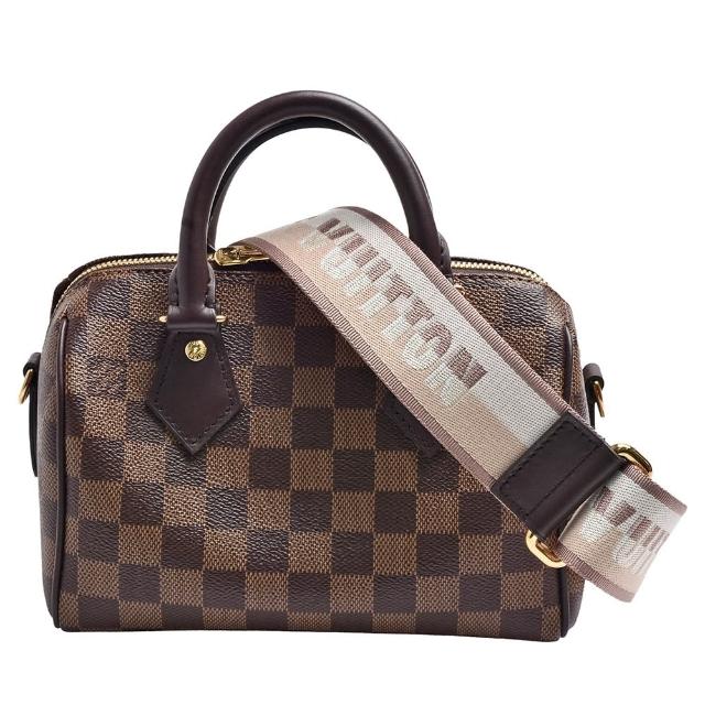 全新 LOUIS VUITTON 路易威登 N40489 經典 Speedy Bandoulière 20 Damier 帆布手提斜揹包，咖啡色系設計，外層為帆布與牛皮結合，內層為牛皮材質，配備原廠防塵套、背帶、鑰匙與鎖頭。尺寸為長20cm、寬11cm、高13cm，提把高度13cm，背帶全長約90cm，適合女性日常使用，拉鍊式開口，內有1個內袋，不附底珠，無法放入A4檔案。