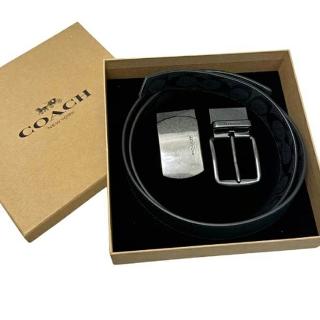 【COACH】男仕最愛墨綠x黑灰PVC經典LOGO雙扣頭雙面用皮帶禮盒組