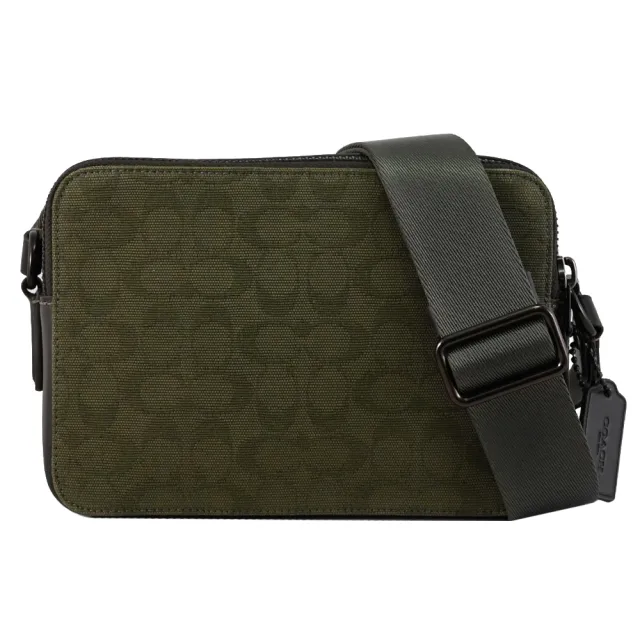 【COACH】Charter 經典C字LOGO緹花拼接寬背帶雙層斜背包(綠 24cm)