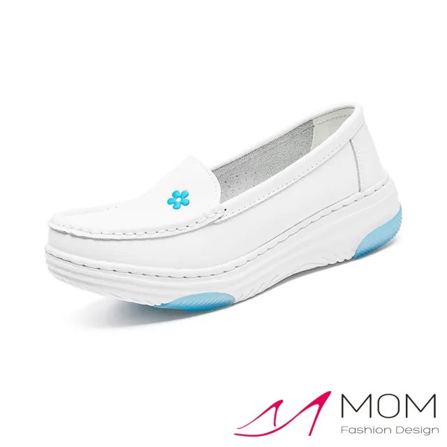【MOM】真皮樂福鞋 厚底樂福鞋/真皮純色藍色小花圖樣舒適厚底樂福鞋 護士鞋(白)