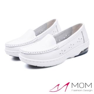 【MOM】真皮樂福鞋 氣墊樂福鞋/真皮純色素面側邊花朵縷空軟底氣墊樂福鞋 護士鞋(白)