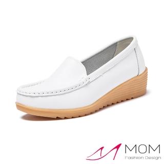 【MOM】真皮樂福鞋 坡跟樂福鞋/真皮純色素面經典軟底坡跟樂福鞋(白)