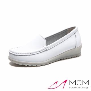 【MOM】真皮樂福鞋 坡跟樂福鞋/真皮純色素面果凍軟底坡跟樂福鞋 護士鞋(白)