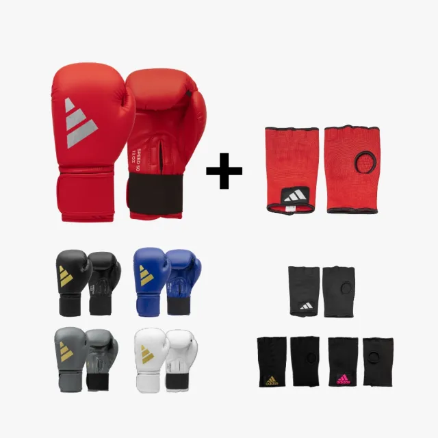 【adidas 愛迪達】SPEED 50 速度型耐擊打拳擊手套+快速手綁帶超值組(拳擊 泰拳 格鬥 搏擊 拳套 健身 有氧)