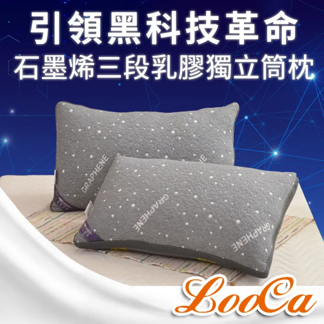 【LooCa】送防蹣枕頭套2入-石墨烯醒腦枕頭2入(抗菌+乳膠+三段式獨立筒枕-速)