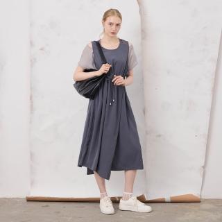 【MASTINA】異材質假兩件露肩短袖洋裝(黑 灰/魅力商品)