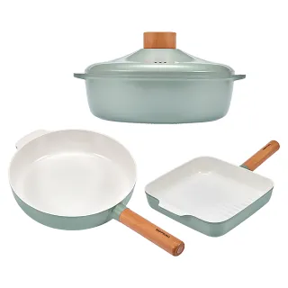 【HAPPYCALL】原野灰強化白陶IH鍛造原木不沾鍋三件組(淺湯鍋24cm/平底鍋24cm/方煎鍋22cm/電磁爐適用)