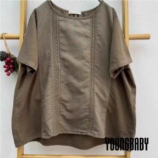 【YOUNGBABY】圓領拼接雙排蕾絲花邊優雅上衣 中大尺碼女裝