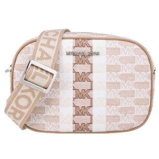 【Michael Kors】JET SET TRAVEL系列 帆布 銀字LOGO 寬背帶 相機包(字母奶茶)