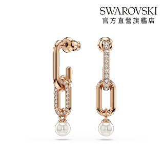 【SWAROVSKI 施華洛世奇】Constella 水滴形耳環 水晶珍珠 圓形切割 白色 鍍玫瑰金色