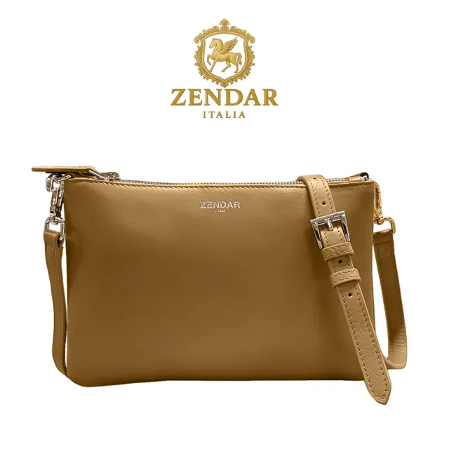 【ZENDAR】頂級小牛皮雙層肩背包側背包 米凱拉系列(琥珀/咖啡色)