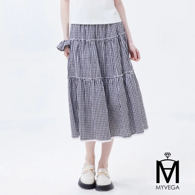 【MYVEGA 麥雪爾】MA兩件式棉質字母刺繡格紋套裝-白(女洋裝/連身洋裝/套裝)