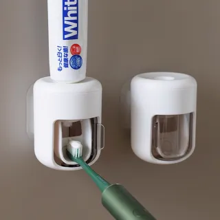 【時光良品】2入高質感無印★防水滑蓋無痕貼片真空自動擠牙膏器 壁掛牙膏架擠壓器(可拆洗/定量免釘鑽打孔)