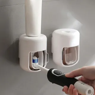 【時光良品】高質感極簡無印★防水滑蓋無痕貼片真空自動擠牙膏器壁掛牙膏架擠壓器(可拆洗/定量免釘鑽打孔)